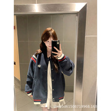 美式复古撞色刺绣棒球服外套女2025新款秋冬加绒加厚宽松开衫夹克