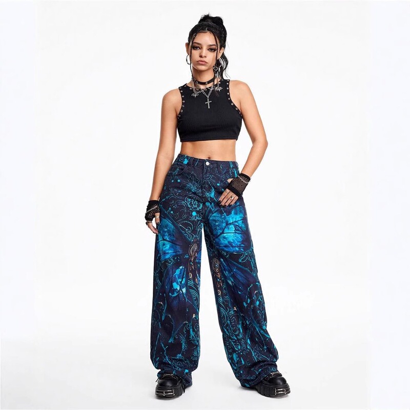 Cross-Border American-Style Graffiti Anime Print Niche Jeans for Women, Trendy Brand Loose Wide-Leg Straight Long Pants