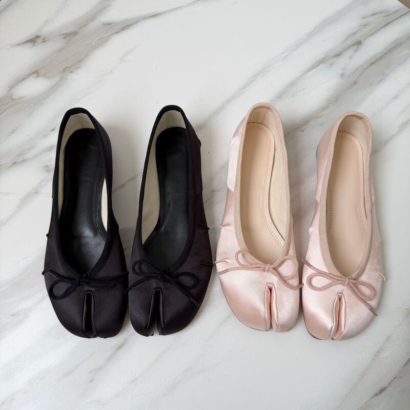 M Brand Pink French-Style Bowknot Gentle Flat Ballet Shoes for Women, Shallow Mouth, Suitable for Pairing with Skirts, Split-Toe Pig's Hoof Single Shoes
