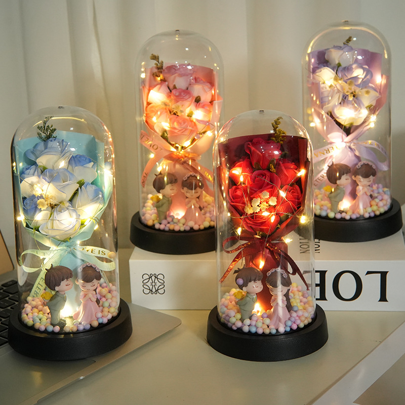 520 Chinese Valentine's Day Eternal Flower Rose Gift for Girls, Girlfriends and Wives, Glass Cover Soap Flower Gift Box