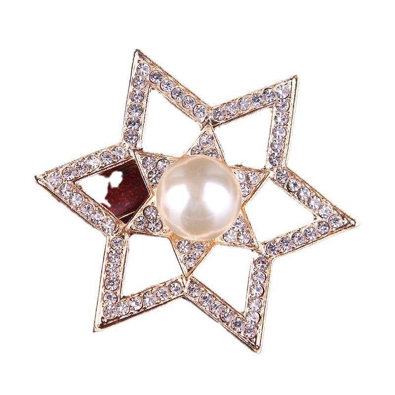 Stile coreano alla moda e atmosfera versatile piena di spilla a forma di stella a sei punte con perle di diamanti, accessori per abbigliamento femminile_voghion.com