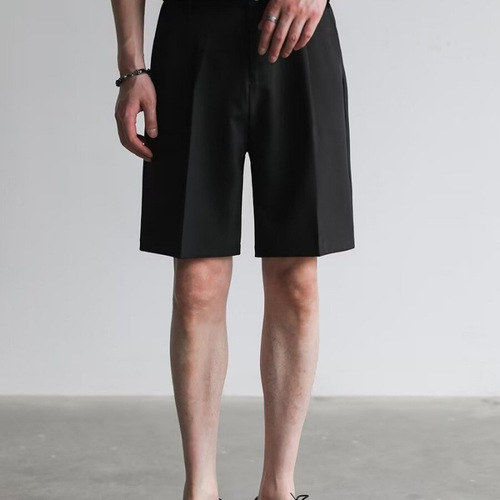 Men's Summer Plain Color 5-inch Western Shorts Leisure Retro London Style Trendy Shorts Half Elastic Waist Straight Leg Mid-Calf Pants