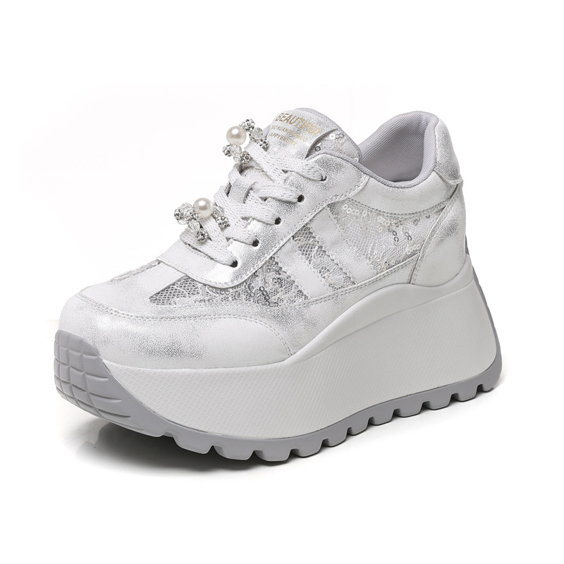 Giày sneaker nữ chunky đế dày lưới thoáng khí tăng chiều cao phong cách cổ điển — màu be