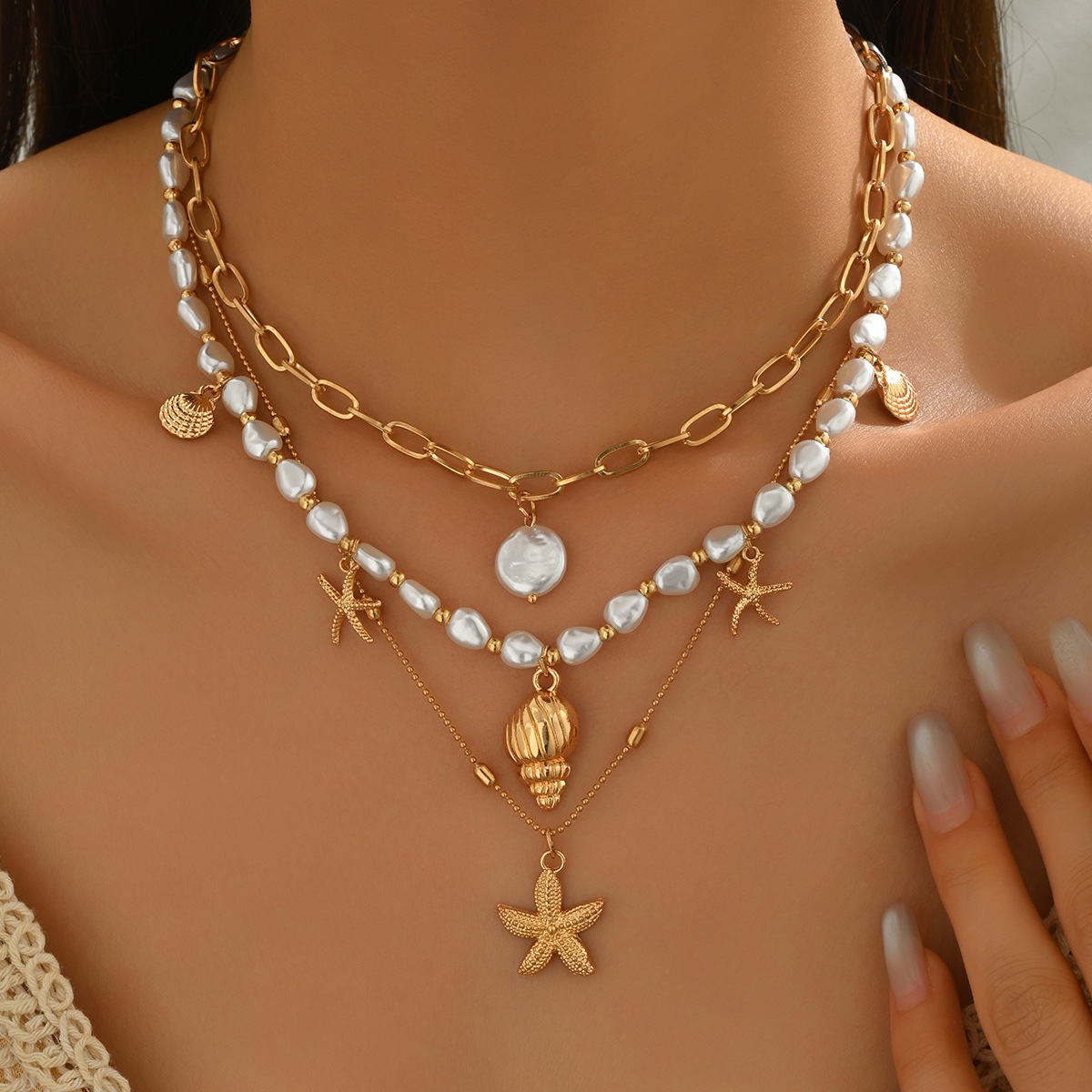Fashion New Beautiful Summer Beach Starfish Conch Necklace For Women, Multi-Layered Stacking Design,_voghion.com