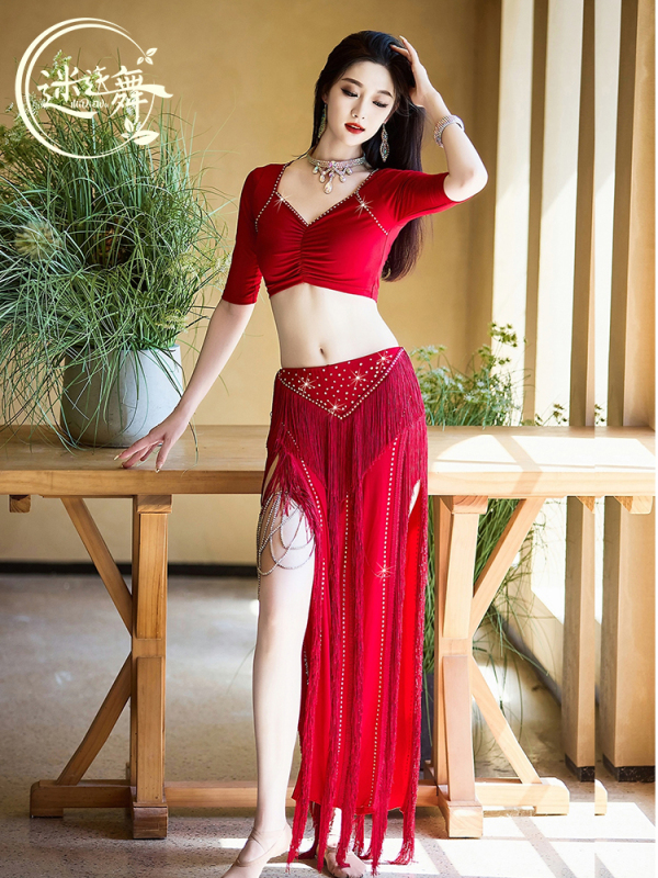 Original New Belly Dance Costume Set for Annual Performance, Shiny Tassel Oriental Dance Red Outfit Original New Belly Dance Costume Set for Annual Performance, Shiny Tassel Oriental Dance Red Outfit