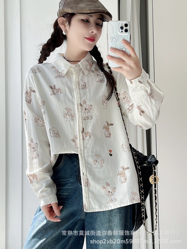 面纱卡通印花衬衫女秋季2025新款百搭棉卡通扣减龄甜美上衣|undefined
