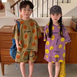 2025夏季新款女童男童套装笑脸印花短袖圆领上衣两件套卡通可爱潮