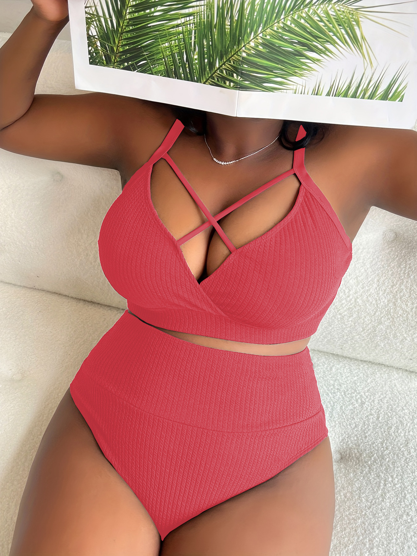 New European And American Foreign Trade Sexy Solid Color High-Waisted Bikini Swimsuit For Plus-Size Women P005_ecoleips.com