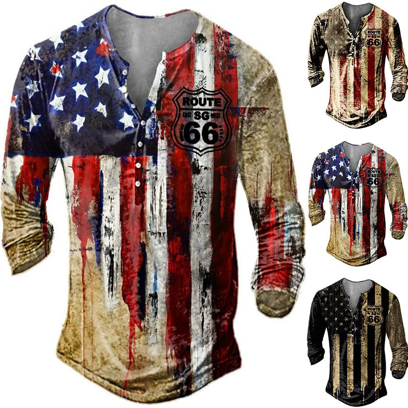 2023 European and American Foreign Trade Cross-border New Men's Casual V-neck Long Sleeve Digital Printing Slim-fit Pullover Men's T-shirt