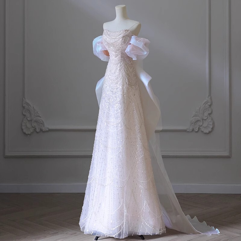 High-end Heavy Industry Light Wedding Dress off-shoulder Bridal Elegant Light Luxury Niche Fishtail Engagement Dress Welcome Banquet Dress