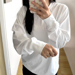 棉圆领长袖T恤女秋冬白色叠穿上衣纯色基础款宽松内搭打底衫