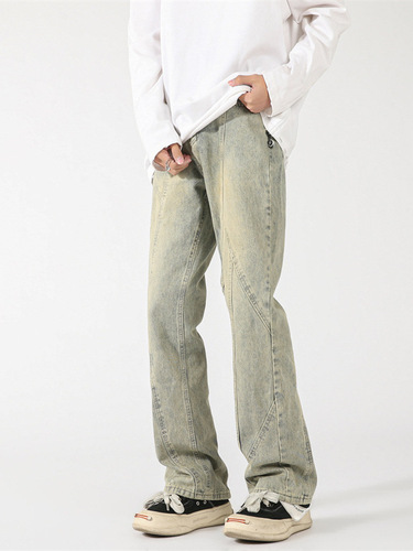 American-style street-washed distressed patchwork jeans for men, spring and autumn straight-leg loose European and American high-street vibe long pants