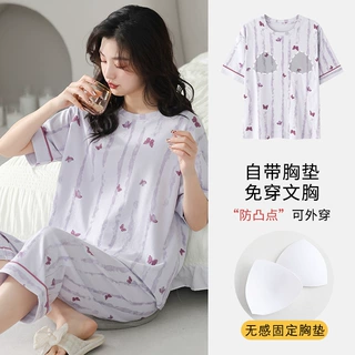 带胸垫女士睡衣潮流时尚棉质短袖七分裤二件套休闲居家家居服套装