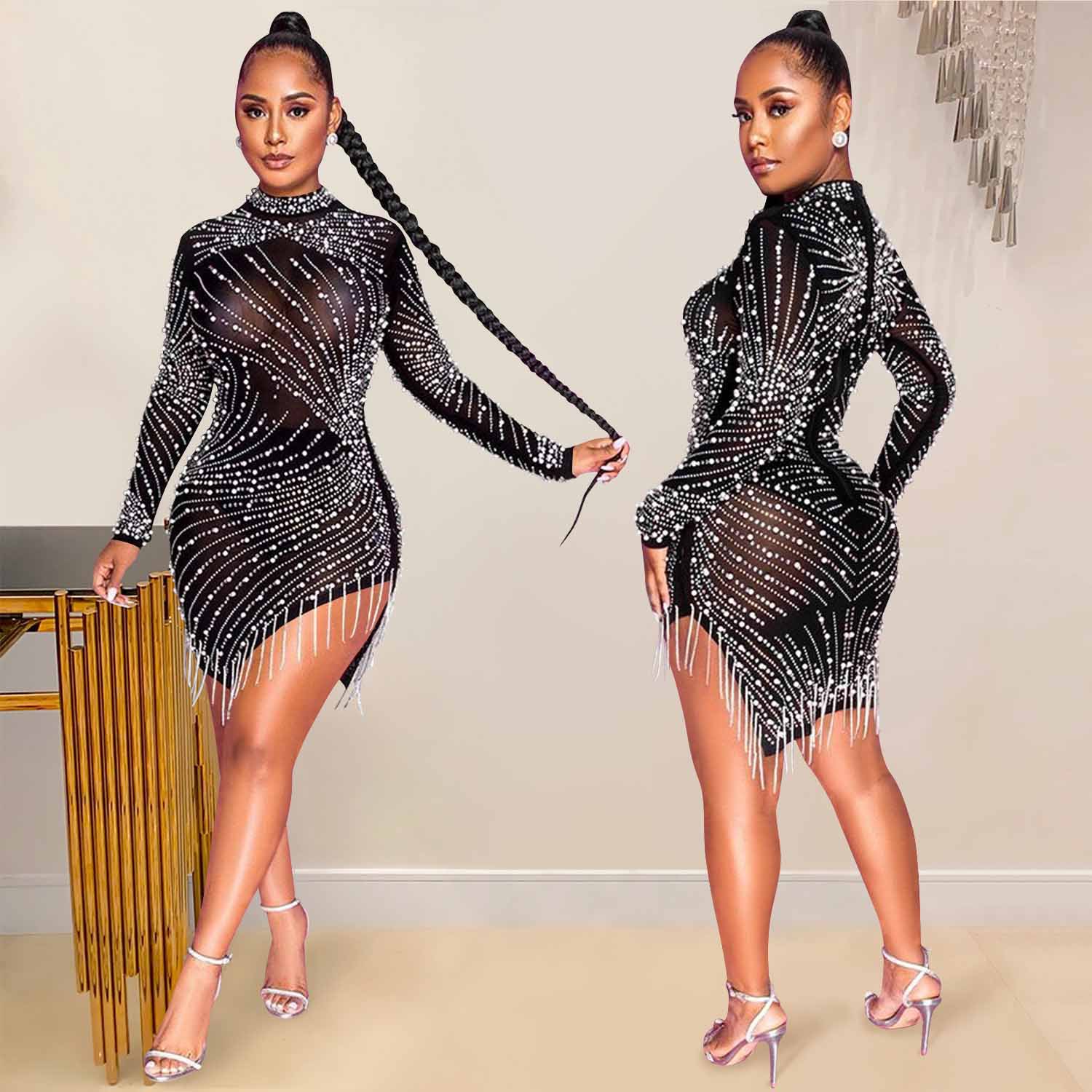 X5216 transfronterizo nueva Europa y América sexy club nocturno de malla transparente rhinestone burbuja borla de cuentas de cuello redondo Vestido de manga larga