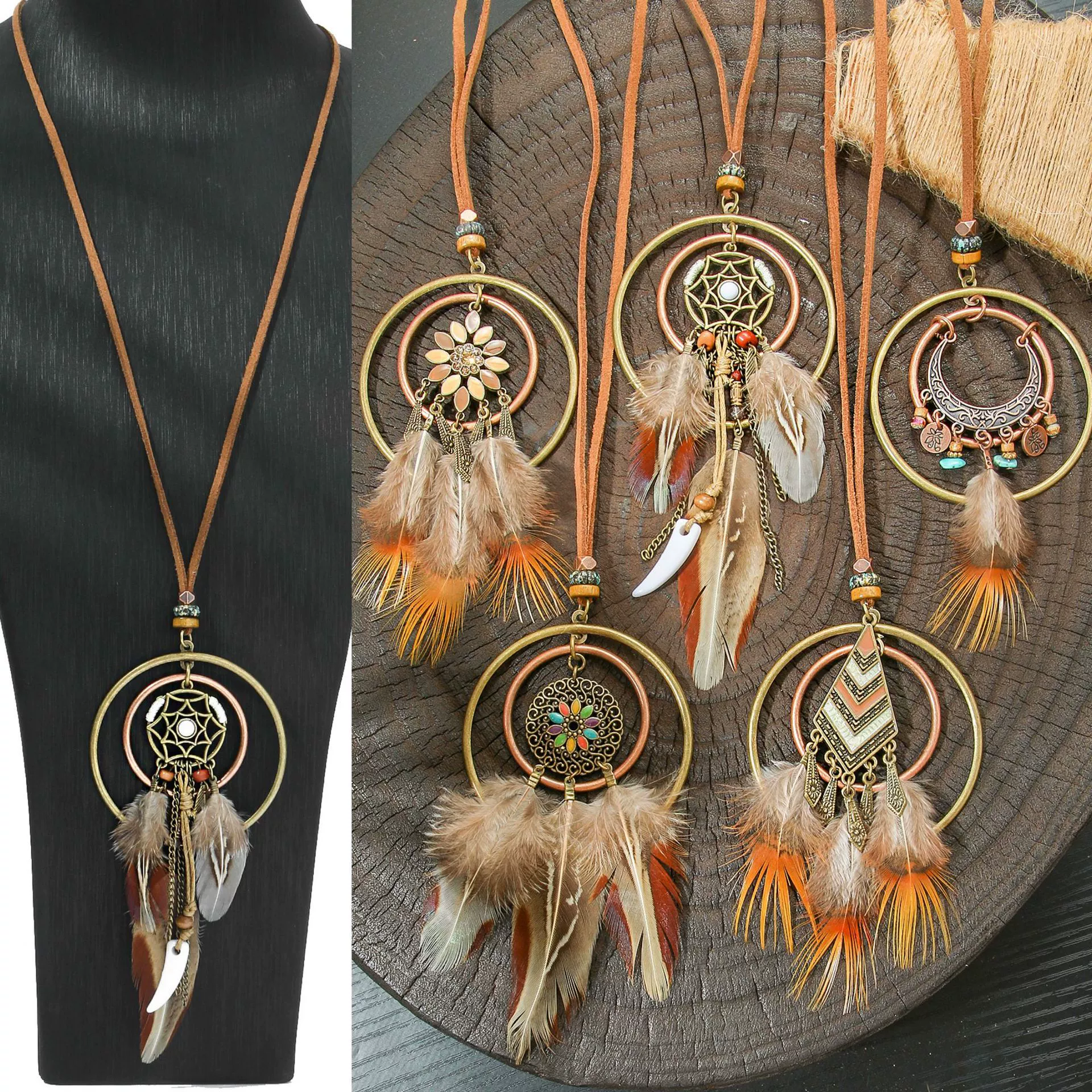 Богемский ретро европейский и американский стиль индивидуальность длинный кулон ручной работы с цветным настоящим кольцом из перьев