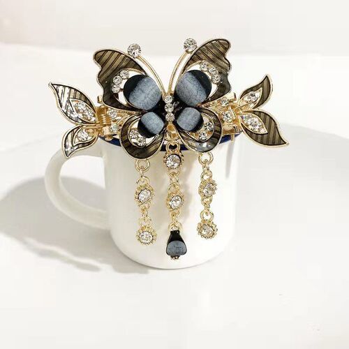 Ethnic Fengshui Diamond Hairpin Small Horizontal Clip Crab Clip Back of Head Headdress Butterfly Tassel Hair Clip Elegant Temperament
