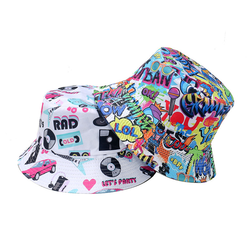 Cross-border Amazon Europe and America Retro Fashion Street 8090 Disco Records Graffiti Fisherman Hat Basin Hat for Men and Women Cross-border Amazon Europe and America Retro Fashion Street 8090 Disco Records Graffiti Fisherman Hat Basin Hat for Men and Women