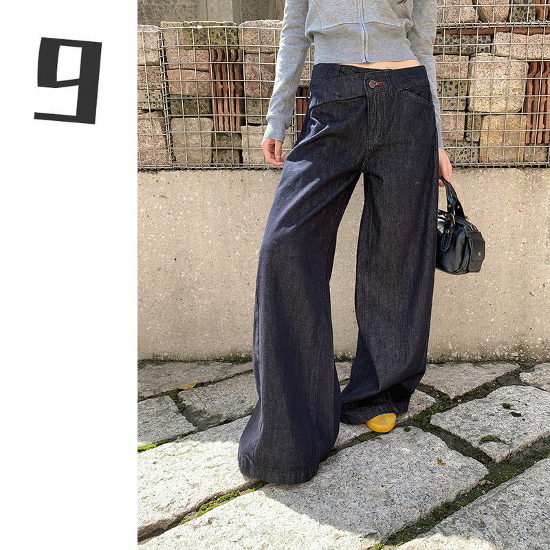[9Hour] Design Sense Dislocation Low Waist Wide Leg Jeans for Women 2025 Autum Retro Loose Pants Cx0291