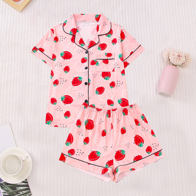 Cross-border Trade European and American Women's Pajamas suit Fruit Printed Short-sleeved Shorts Home Clothes suit Lapel Cardigan