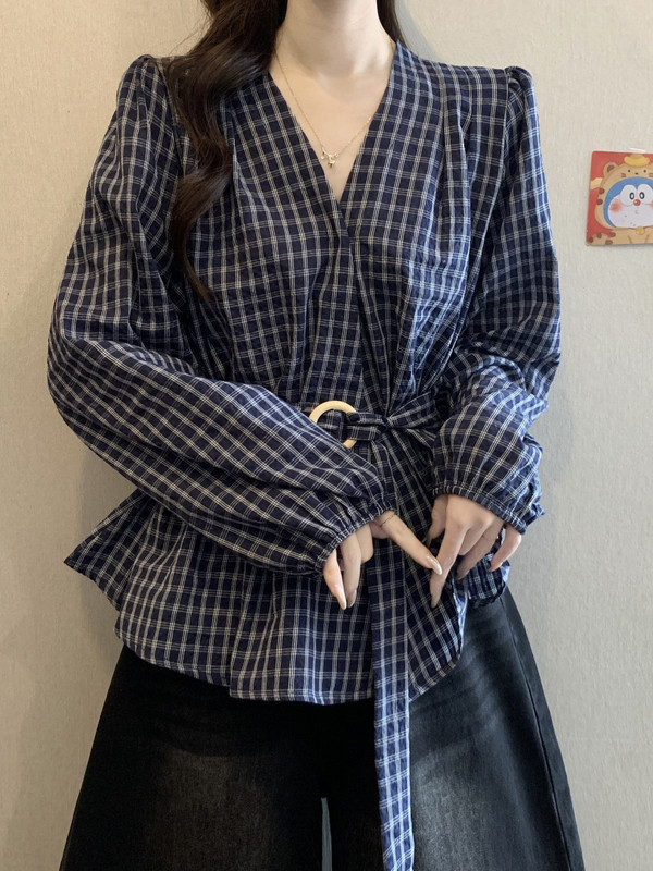 深蓝色格子长袖衬衫女秋装2025新款大码胖mm高级收腰绑带遮肚上衣|undefined