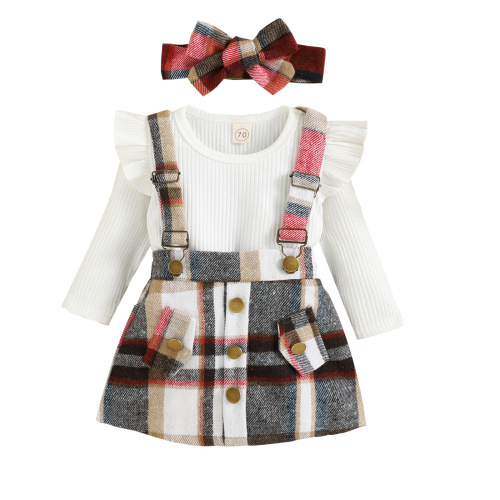 Baoxin children's clothing foreign trade Korean version autumn and winter pit strip top bow flying sleeves plaid suspender skirt girls two-piece suit