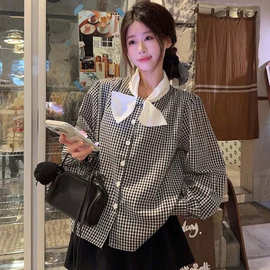 独特漂亮法式蝴蝶结格子长袖衬衫女春季大码微胖mm显瘦设计感上衣