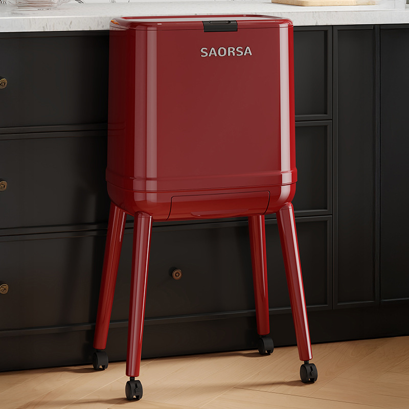Household Kitchen Tall Trash Can with Movable Wheels, Flip-Top Lid, No Bending, Large Capacity Sanitary Bin