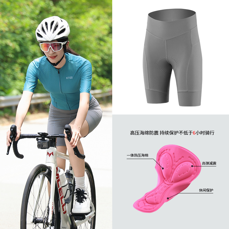 Calças de ciclismo XINTOWN femininas em poliéster e algodão, cintura alta, para primavera e verão, shorts de ciclismo de estrada com almofada de esponja no bumbum.