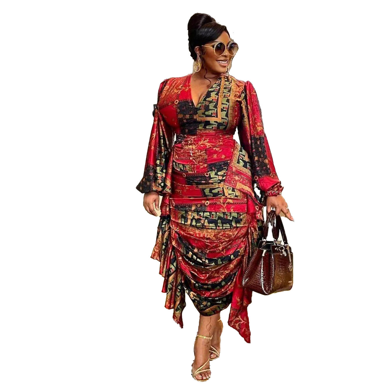 Women's Clothing Sexy Printed Ruffled Lantern Sleeve Hip Hugging Slim Fit Long Sleeve Dress_voghion.com