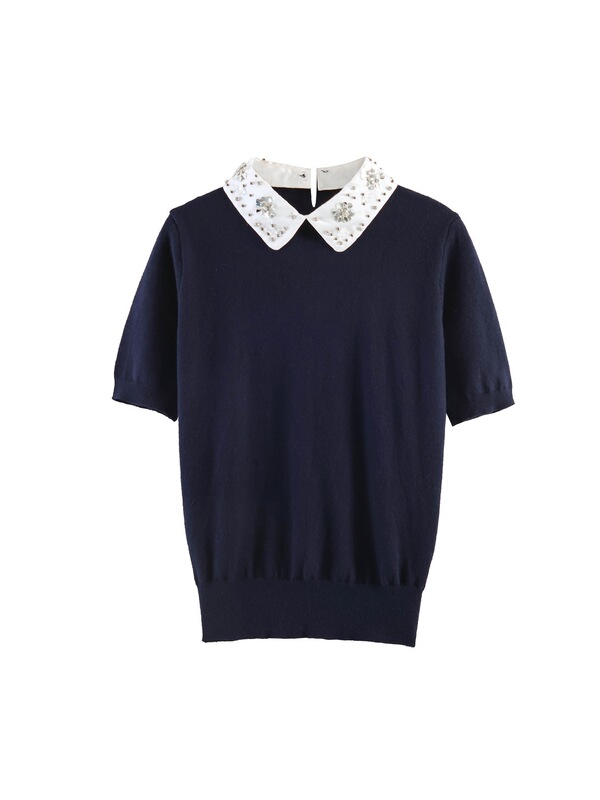 American Retro Style Fake Two-Piece Embroidered Knit Sweater Short-Sleeve T-Shirt for Women, New Slim-Fit Cardigan Top