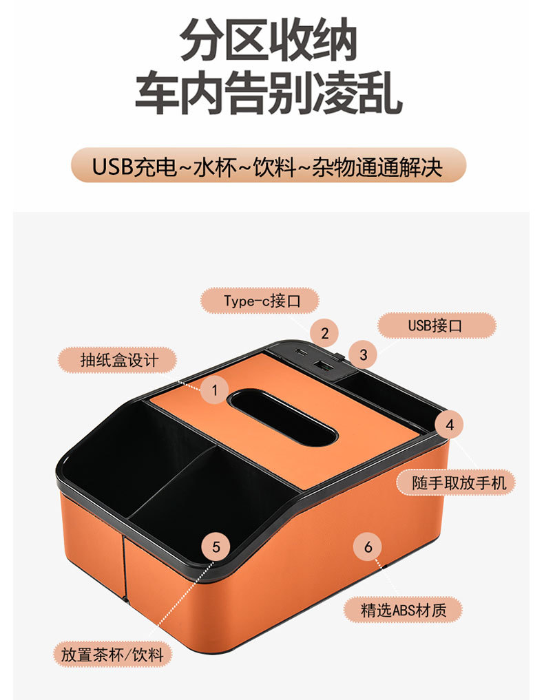 Multifunctional rechargeable car armrest storage box, car tissue box, central armrest box, cup holder, phone holder