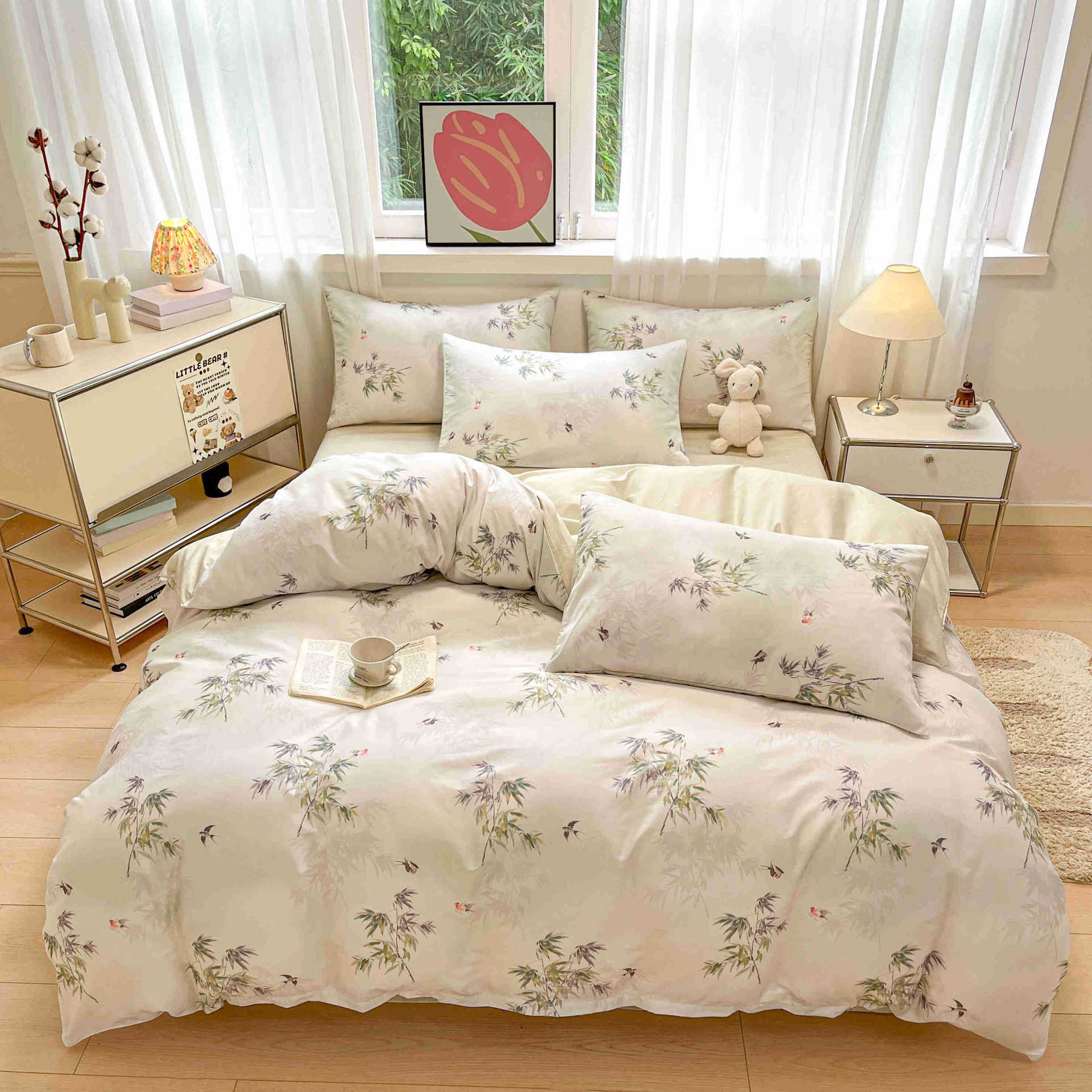Cama de algodón de cuatro piezas, sábanas de cama de algodón, cama de cama de tres piezas, nuevo dormitorio, cama de cama de tres piezas