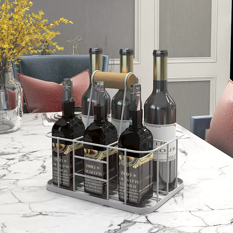 铁艺手提酒瓶架厂家批发红酒架6瓶厨房调料收纳篮酒瓶收纳架储物