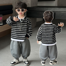 男童卫衣套装春秋款2025新款时髦宝宝运动裤秋装儿童休闲条纹衣服