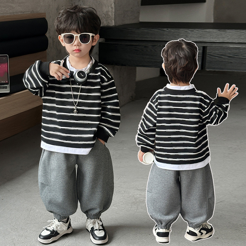 男童卫衣套装春秋款2025新款时髦宝宝运动裤秋装儿童休闲条纹衣服