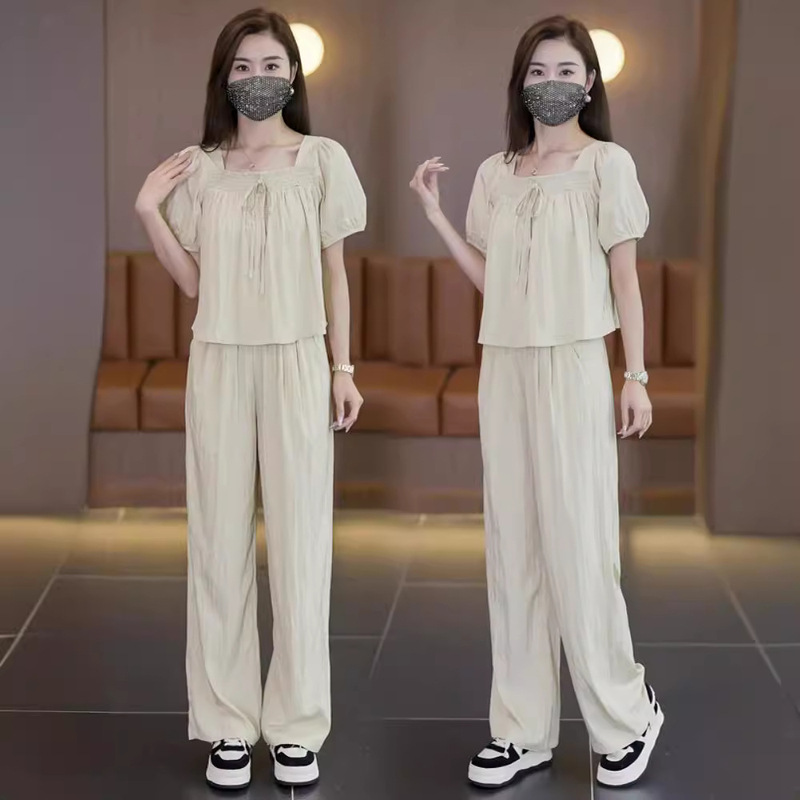 Fashionable Casual Square Collar suit Women's 2024 Summer New Loose Slimming Western Style Straight Pants Two-piece Set