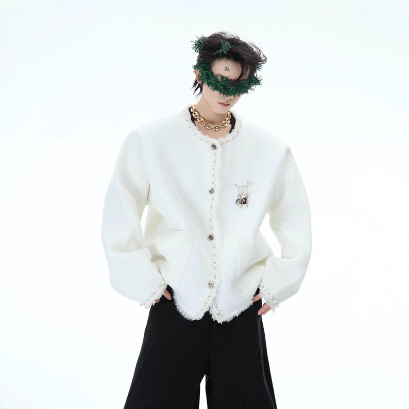 Ue Culture Winter Christmas Niche Pearl Embellished Sweater Pin Noble Accessible Luxury Knitted Jacket Hip-Hop