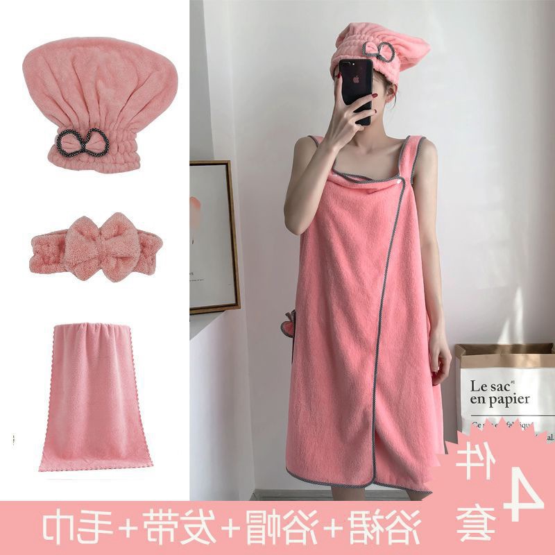목욕 타월 3 개 착용 여성 성인 슬링 산호 양털 강한 두꺼운 부드러운 목욕 가운 샤워 캡 타월 세트 잠옷