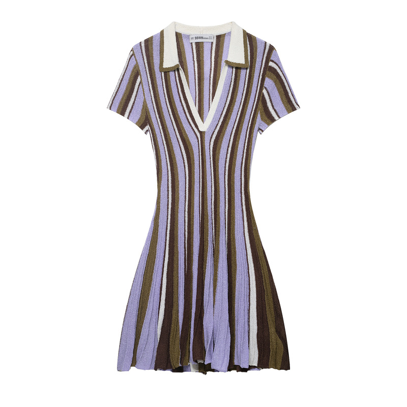 European and American Cross-Border Slim-Fit Vertical Striped Knit Dress for Women, Polo Collar, Waist-Cinching, Slimming Short-Sleeve Short Dress