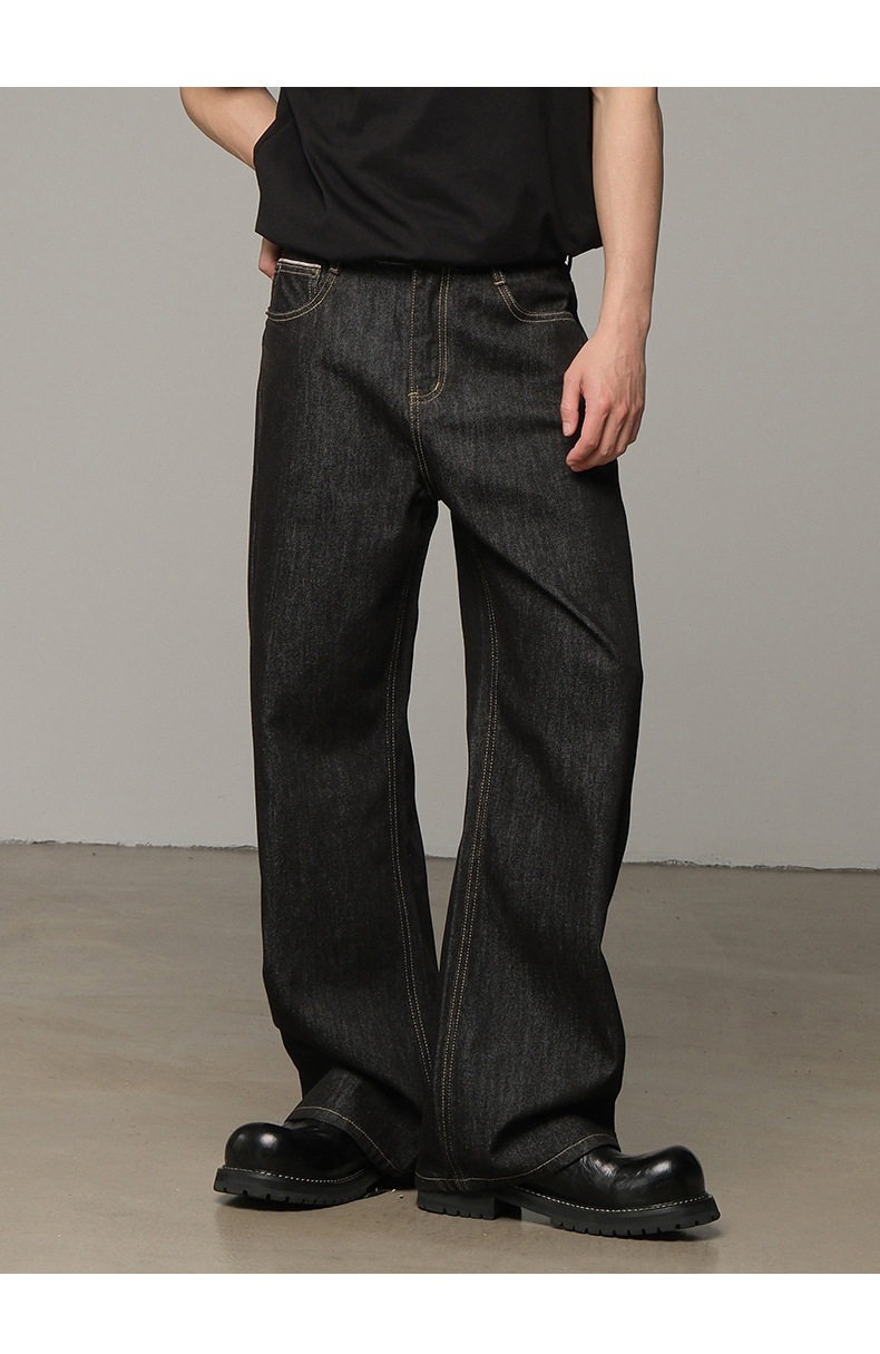 Classic American Raw Denim Jeans For Men – Straight Leg Relaxed Fit Washed Black Denim Pants, Vintage Style For Everyday Wear_mkmklike.com