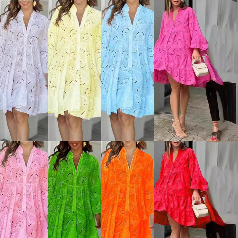 2023 European and American cross-border spring and summer Amazon solid color V-neck loose embroidery hollow lace flower sexy dress 2023 European and American cross-border spring and summer Amazon solid color V-neck loose embroidery hollow lace flower sexy dress