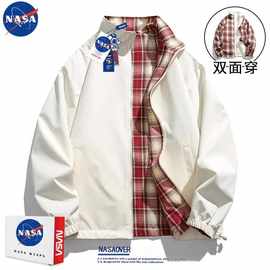 NASA联名秋季新款双面夹克格子纹立领拉链款外套男女同款上衣情侣