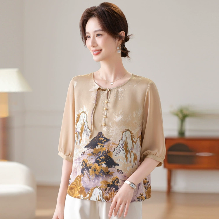 2025 Летняя одежда для мам, новый китайский стиль, национальный стиль, летние топы с короткими рукавами для женщин среднего и пожилого возраста, топы с принтом, свободные женские топы, закрывающие живот