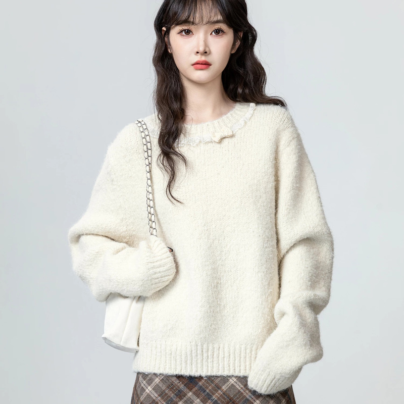 Lace-trimmed bow sweater for women, new autumn/winter fashion, slimming, versatile, and casual knit top Lace-trimmed bow sweater for women, new autumn/winter fashion, slimming, versatile, and casual knit top