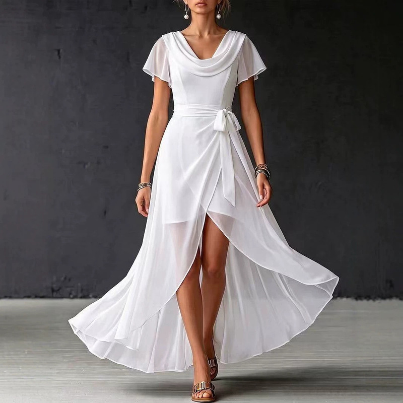 Off-the-shoulder, flutter-sleeved, chiffon, waist-cinching, tie-waist, asymmetrical slit, swallowtail long dress, light luxury evening gown, full-skirted dress