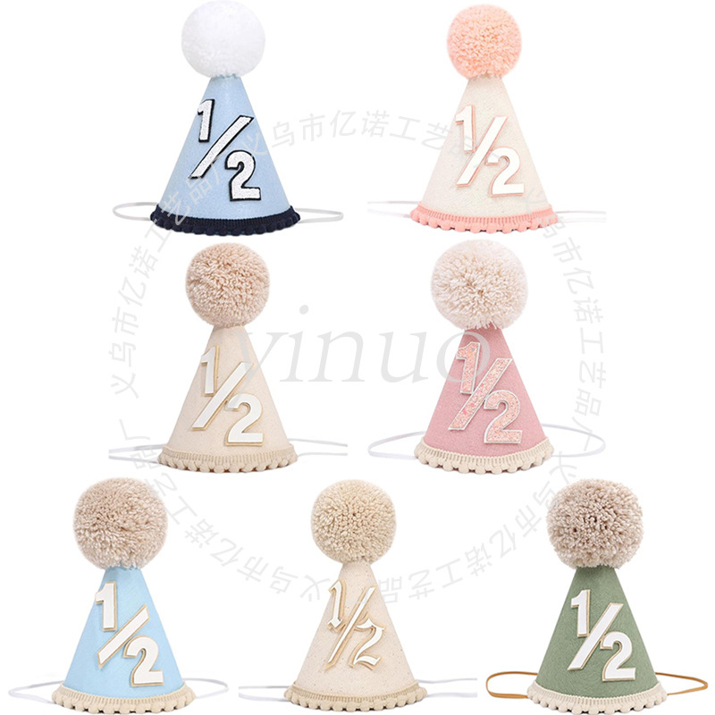 Sombrero de cumpleaños para bebé simple 1/2 gorra de bola de piel linda gorra de fiesta de cumpleaños de medio año para niños gorra triangular no tejida