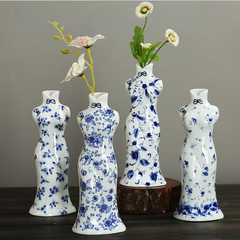 Decoración de jardín de cheongsam decoración de sala de estar de alto nivel decoración de estudio belleza floral porcelana azul seco gabinete de televisión