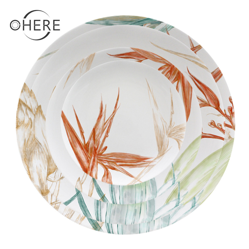2025 New Chinese Style Fresh and Elegant Lotus Bone China Dinner Plate Restaurant Banquet Export Artistic Ceramic Tableware Set