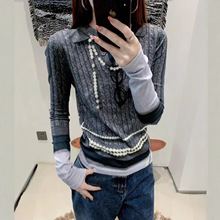 现货2025秋季趣味假两件3D印花珍珠打底针织衫时尚百搭长袖上衣女