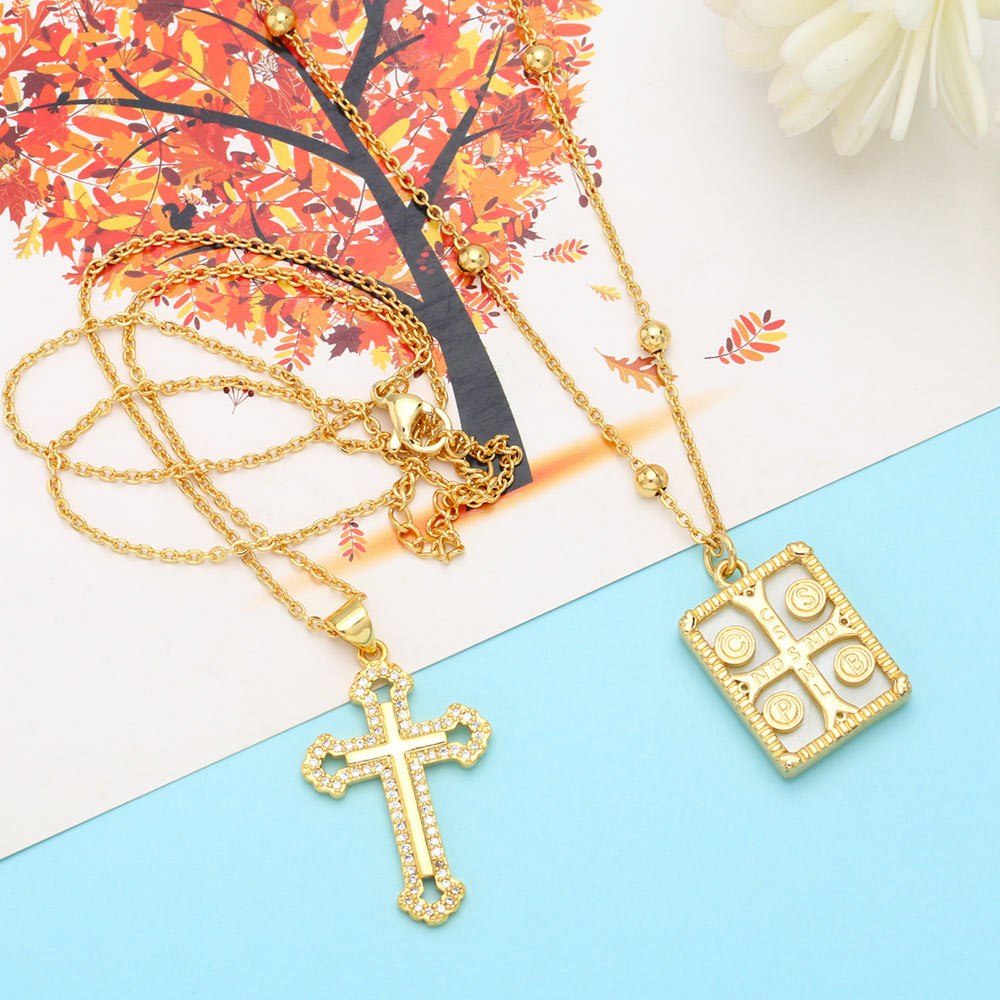 Fashion Cross Rectangle Copper Pendant Necklace Inlay Zircon Copper Necklaces